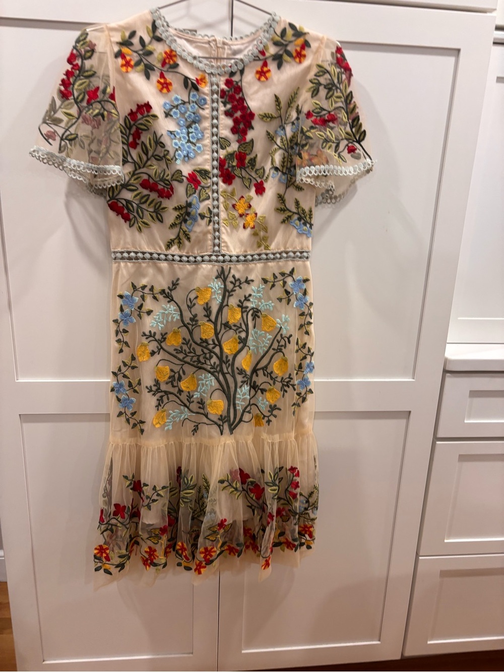 Embroidered Floral Beige Lace Dress with Yellow & Blue Accents